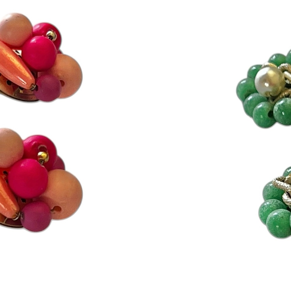 Vintage Clip-On Earrings Set Green w/ Faux Pearl & pink w/ Magenta Multicolor - Picture 6 of 15